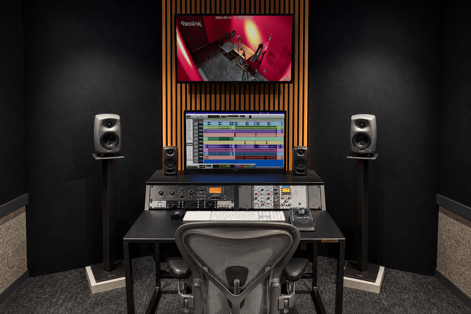 The secondary control room, with two monitors and speakers lined up against a wood-louvered wall